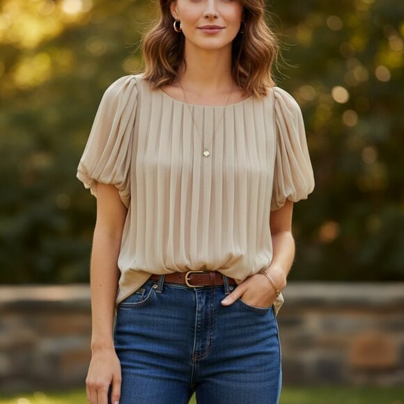 Miss Me MM Couture Silk Blouse Pleated Short Sleeve Taupe Beige Size Small - Picture 1 of 10